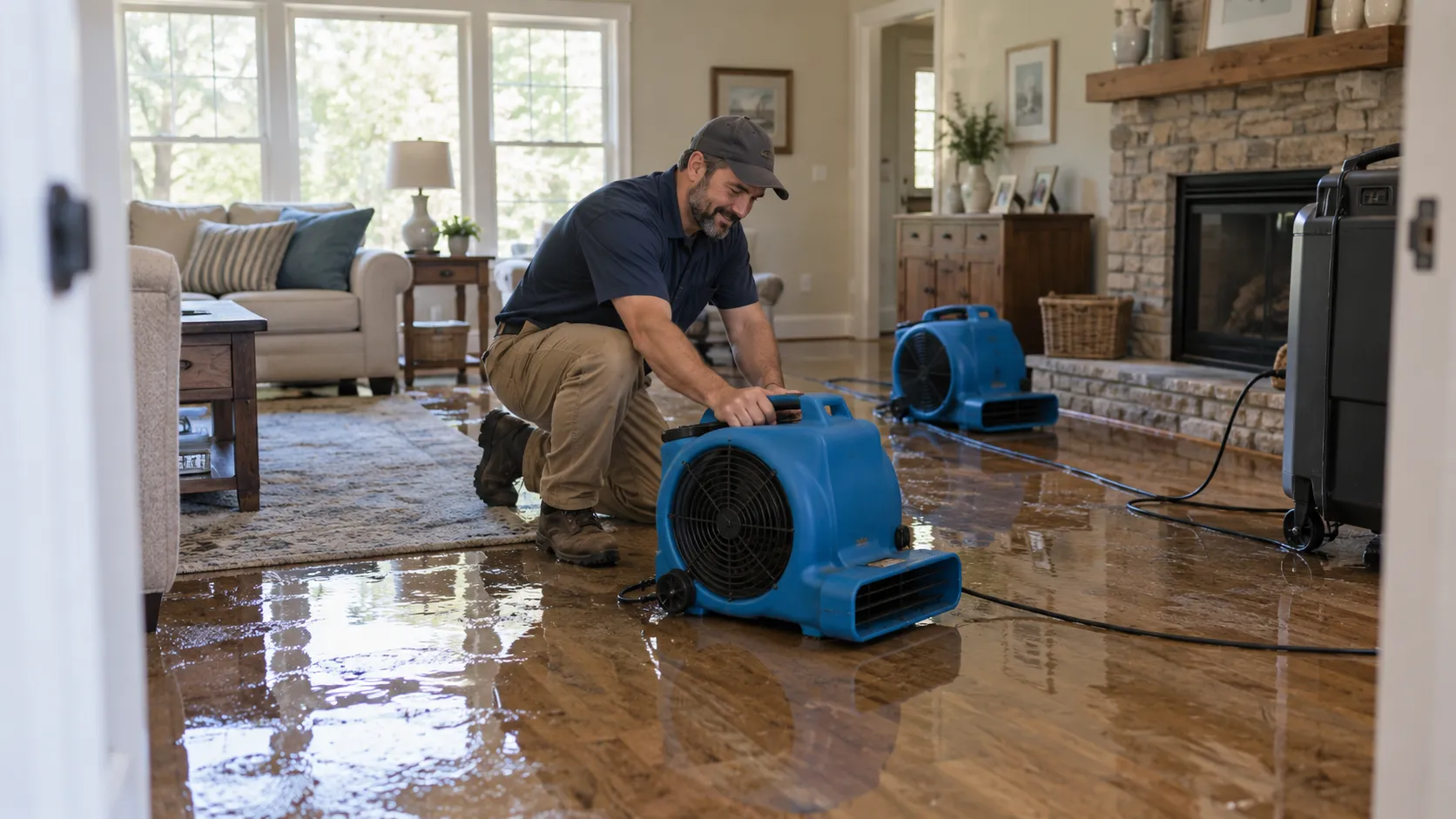 Water damage restoration technician drying a flooded living room in Baltimore